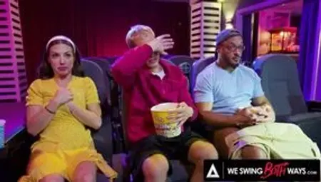 WE SWING BOTH WAYS - Wild Bisexual Threesome With Three Strangers In A Movie Theater