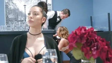 Richelle Ryan is sucking waiter Justin Hunt's big boner