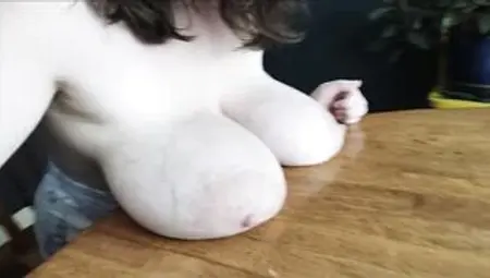 Long Milky Hooters Having Fun on the Table Huge Saggy Hangers Long Veiny