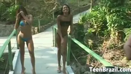 Two Teen Brazilian Girls in FFM Threesome Outdoors