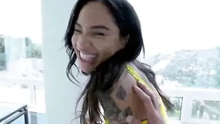 Tattooed, ebony brunette, Honey Gold likes to have rough sex after sucking dick and licking balls