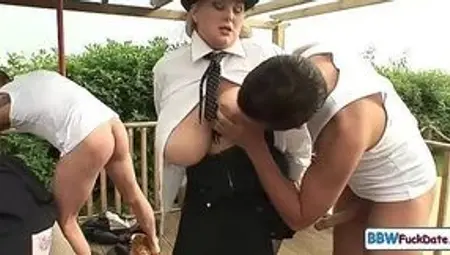 Chubby Waitress Double-Teamed by Horny Dudes