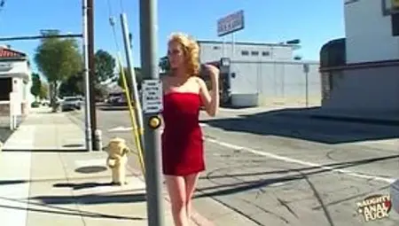 Mature guy picks up blonde in red skirt from street for blowjob and cowgirl fun