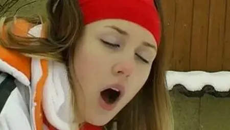 Steamy Russian student gets fucked up doggy in snow before getting face cumshot