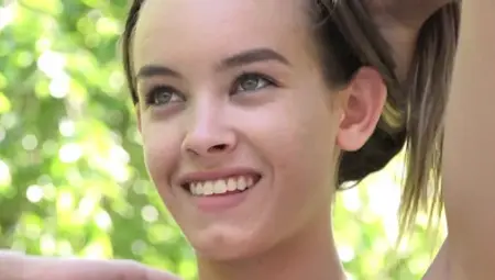 Skinny teen Charity Crawford fingering tight pussy in the woods for ALS Scan