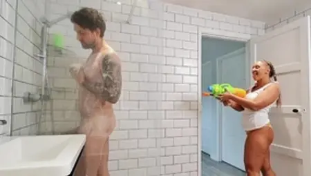 BRAZZERS - Beth Bennett Surprised Her Hubby In The Shower... with a water gun