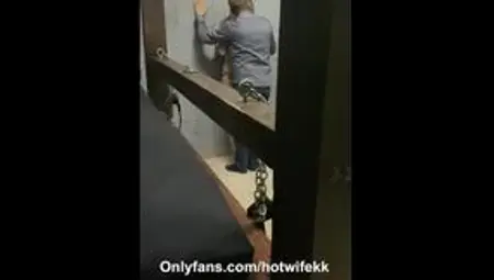 Cuckold watches Hotwife with bull from under the caged bed. Is let out only for sloppy seconds