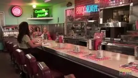 Waitress is having threesome sex with a chef and a busty customer