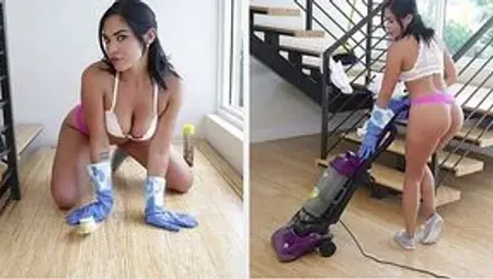 Latina maid polishes big cock of Bruno Dickemz