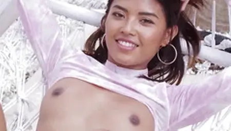 Cute small tits Asian teen Moana Rosi hot posing outdoor in hot stockings