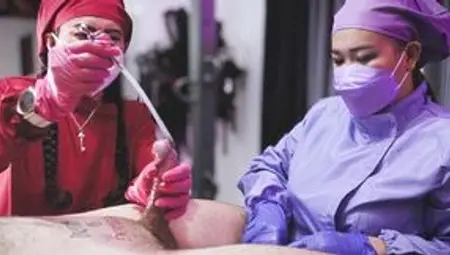 Sadistic Nurses Milking their patient with Urethra Sounding