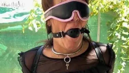 Slave Punish with Armbinder Collar Chained Ball Gag and Mask Outdoor