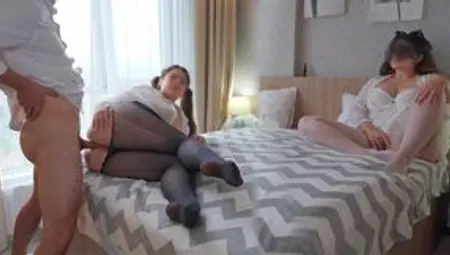 Wife Watches her Husband Fuck Anal a Young Student in Pantyhose