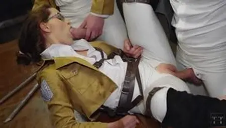 Sexy girl soldier gets messy facial after sex with two commanders