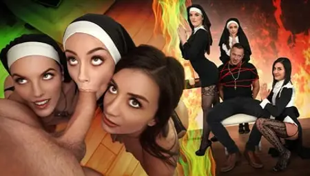Three Horny Nuns Fuck the Devil Out of Him