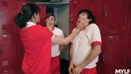 PE teacher Spencer Bradley femdom fucks 2 boys in locker room