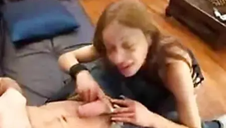 Skinny mature whore sucking this young cock