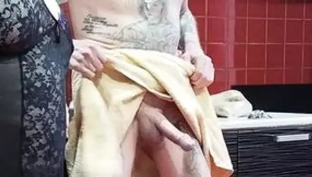 My mother-in-law saw my boner and started jerking off and sucking my dick until I cum