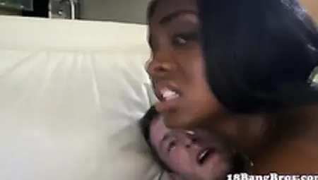 Petite teen ebony amateur bounces on white cock