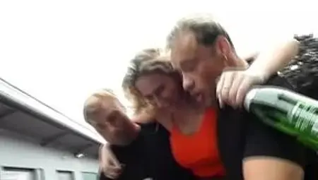 Curvy blonde slut from Germany making two cocks in public