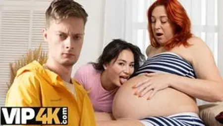 MATURE4K. Sexy pregnant belly turned Amelia Ost on and turned out into a threesome