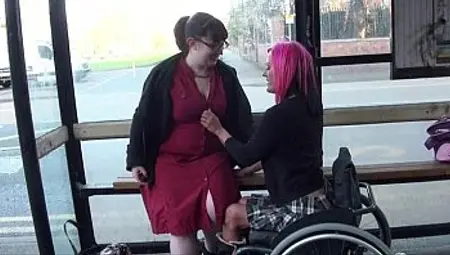 Leah Caprice and her lesbian lover flashing at a busstop
