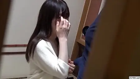 Unfaithful Japanese wife lets her hubby watch as she gets stripped and teased for another man