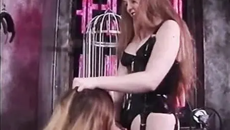 Large-titted handcuffed serf gets her melons scratched