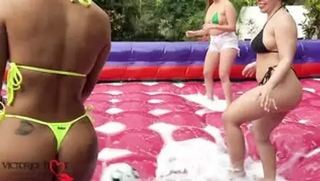 Group Sex soap soccer with several Hottie girls.