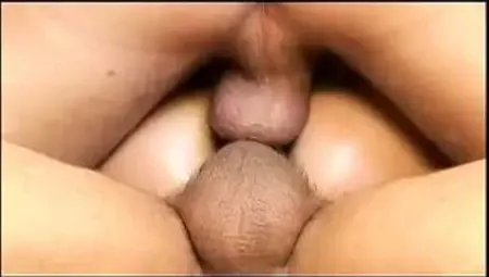 Gorgeous cuttie gets her tight holes double penetrated by huge poles