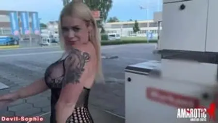 Devil-Sophie: Outdoor Fuck at the gas pump - great creampie