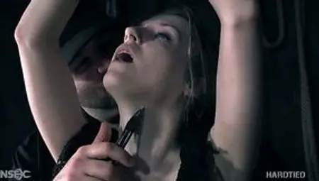Tied up tramp Violet October gets punished in the dark basement