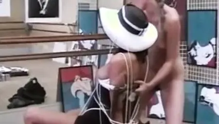Deborah Wells LESBO BDSM bdsm dyke duo licking vagina; Eva licks bound to chair cunt with mouths clitoris