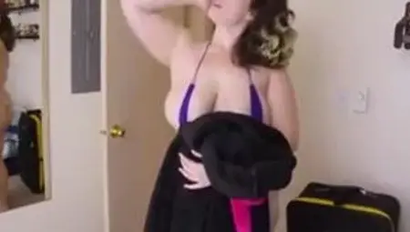 Sexy Busty Bbw kitty Leroux models string bikini for pervert son