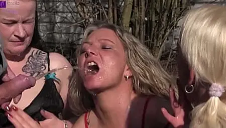 3 parking lot sluts in action! Several foreign cocks pissed us into our slut mouths!