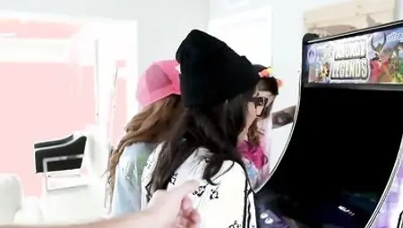 Three big ass teen chicks are taking turns on a swollen schlong