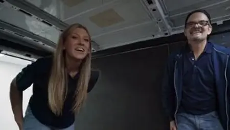Dirty blonde fucking with co-worker in a warehouse