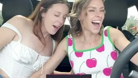 Nadia Foxx & Serenity Cox using Lush remote controlled vibrators in public drive thru & cumming hard