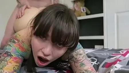 Hot POV sex with teen couple. Busty tattooed babe with big ass enjoys boyfriend's dick in her mouth!