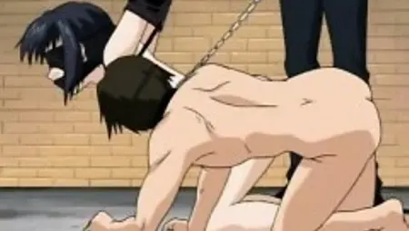 Blindfolded hentai slave in chains eats pussy