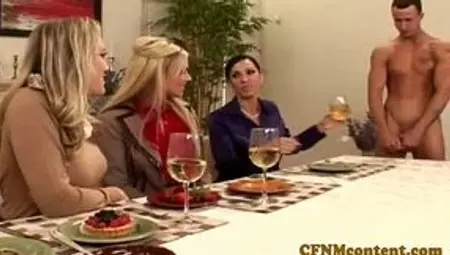 Clothed Babe Ahryan Astyn and Her Friends Gang Up on Lucky Dude's Dick