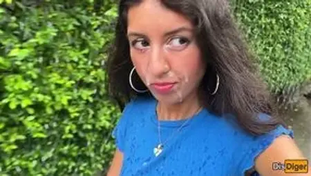 Katty West walks through the streets with the cum of her stepbrother