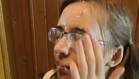 Nerdy Cutie in Glasses make oral job Cumshoot on Face and cum play