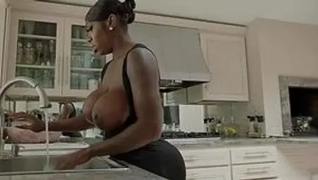 Busty phat ass ebony MILF rides her white stepson's face, then gives him a rimjob and blowjob