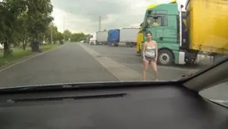 Real blonde Czech hooker picked up between trucks for quick sex