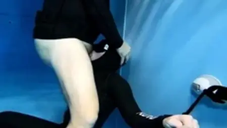 Underwater deepthroat training session for restrained slut
