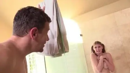 Rich man uses babysitter's mouth and twat in the shower